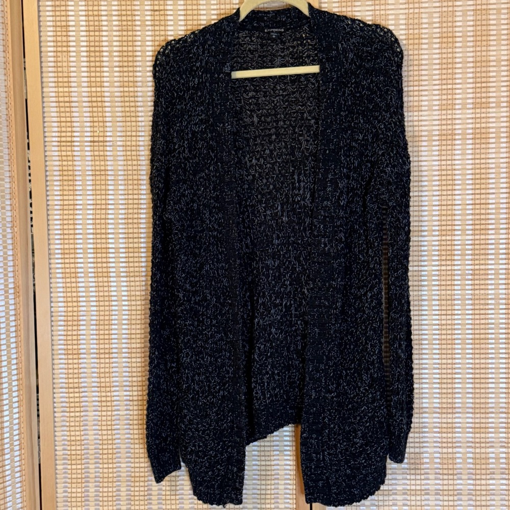 Express Womens Medium Black White Marled Open Front Chunky Knit Cardigan Sweater